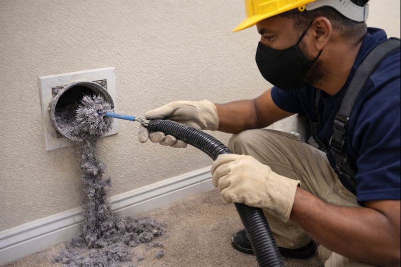 Close-up of a dryer vent being cleaned of lint buildup