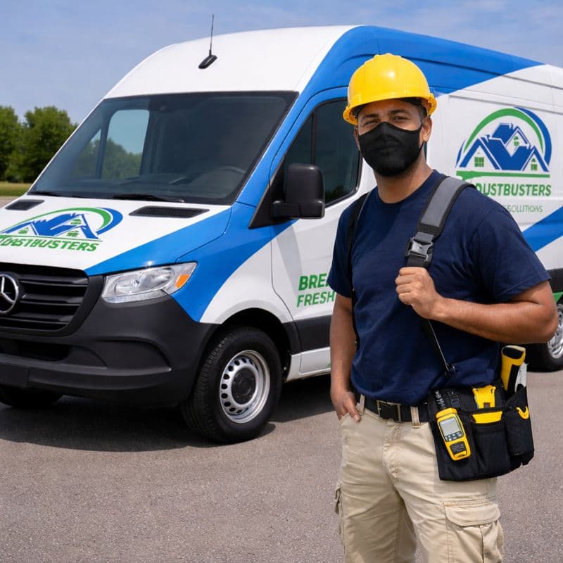 Dust Busters technician standing beside the company service van